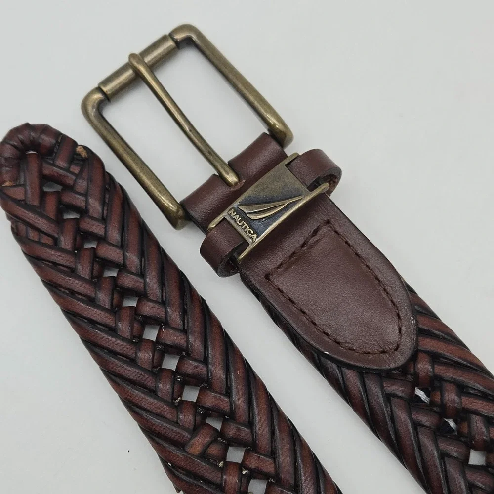 Nautica Braided Belt Brown Leather Mens 34 Bronze Buckle New